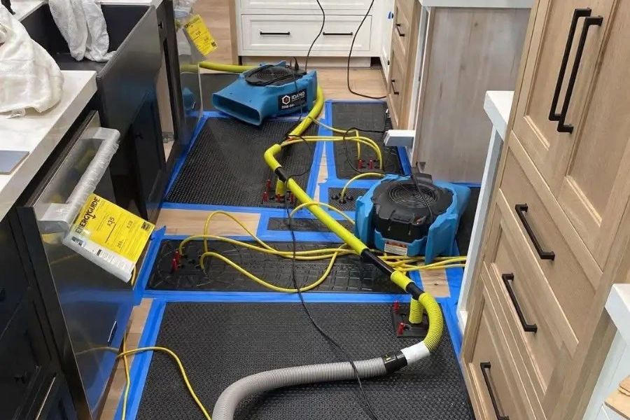 The Water Damage Restoration Process Explained Step by Step 2 Commercial drying equipment and water extraction mats deployed on flooring during active water damage restoration